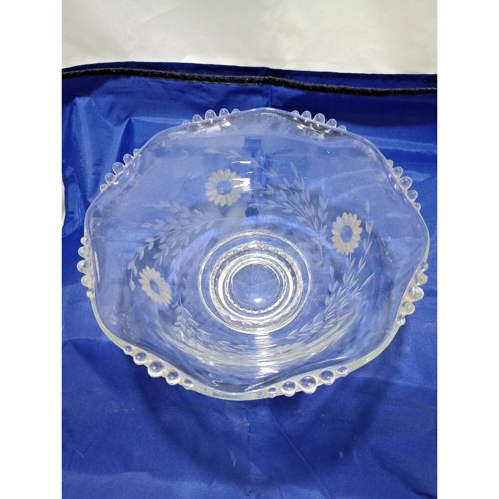 W.J. Hughes Cornflower Etched Glass Bowl Imperial Glass Candlewick Pattern VTG